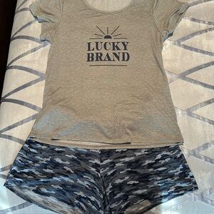 Lucky Brand matching Gray “Lucky Brand” graphic tee & Navy Print camo shorts!